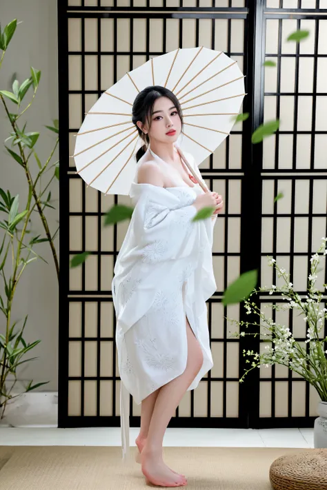 araffe woman in a white dress holding an umbrella, white hanfu, hanfu, flowing white robes, flowing sakura silk, yukata clothing, kimono, long flowing white robe, in kimono, wearing white silk robe, flowing robes, traditional chinese clothing, classy yukat...