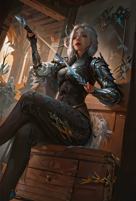 a white-haired woman sitting on a wooden box holding a sword, she is holding a sword, mother of witchers, detailed illustration,...