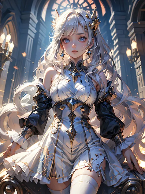 (masterpiece:1.5, Best Quality, Very detailed、 Dutch Angle、Realistic、Fantasy)(One Girl, alone)(White and beautiful hair:1.4,, straight long hair )(White based dress, zettai ryouiki)、((Medium Breast))(from side)(Beautiful starry sky、Mystical Night、 Particle...