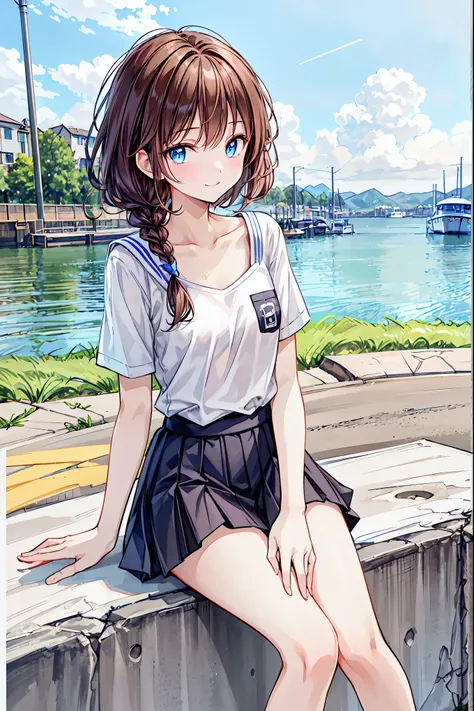 （ cute girl :1.3）、 smile,summer atmosphere、plain t-shirt、brown hair、　(3)，blue sky，small breasts，flat chest，((please redeem)), (v...