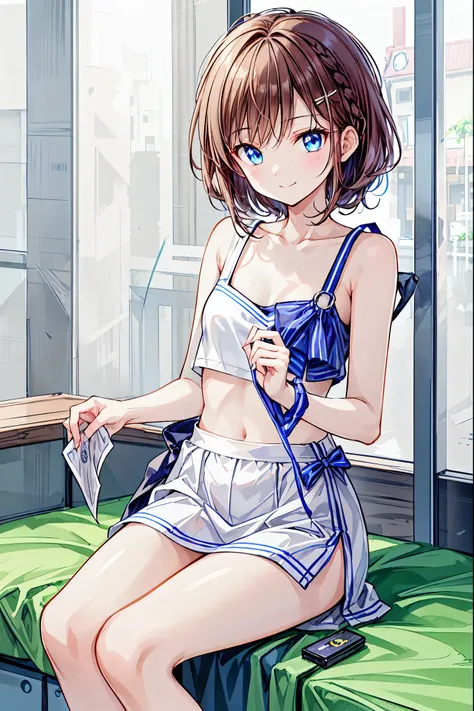 （ cute girl :1.3）、 smile,Summer atmosphere、Plain T-shirt、Brown Hair、　(3)，blue sky，Small breasts，Flat Chest，((Please redeem)), (Very detailed), (High-definition CG synthesis 8K wallpaper), 高いly detailed,  High resolution raw color photos, Professional photo...