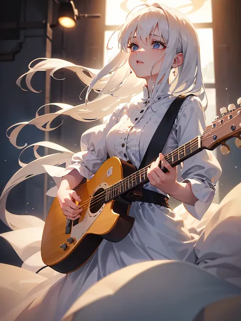  A woman dressed in white with white hair sings into the microphone while playing the guitar.  Her posture is confident and focused , She plays the strings with one hand 、 holding the microphone close with her other hand ,  Her voice fills the air with emo...