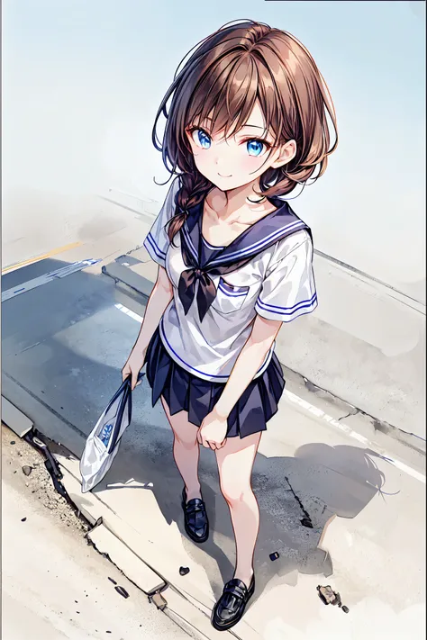 （ cute girl :1.3）、 smile,summer atmosphere、plain t-shirt、(3)，blue sky，small breasts，flat chest，((please redeem)), (very detailed...