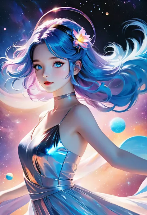 "Anime girl with blue hair and blue eyes in a black background, inspired by Ilya Kuvshinovs style, featuring ethereal, dreamlike qualities. She is dancing in space, adorned with a floating dress and luxurious hair ornaments, capturing graceful movement. Th...