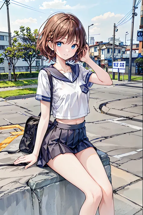 （ cute girl :1.3）、 smile,summer atmosphere、plain t-shirt、(3)，blue sky，small breasts，flat chest，((please redeem)), (very detailed...