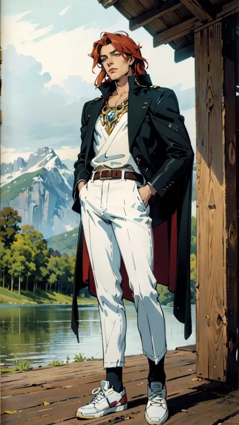 (masterpiece:1.2, best quality:1.2, extremely delicate:1.2), ((male:1.5)), a young man with long red hair, delicate face, gentle eyes, peaceful expression, fantasy-realism style outfit, a red and black short cape, a blue and white leather jacket, a belt, w...