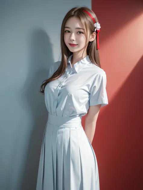 Violet, Gardenias, Rosacea, (masterpiece of the highest quality:1.4), Delicate girl, 、Beautiful straight hair, close, uniform, White dress shirt, Short sleeve,  Dark Grey Pleated Check Skirt, 8k, 50mm Portrait, RAW Photos, Absurd, Focus on the chest, Small...