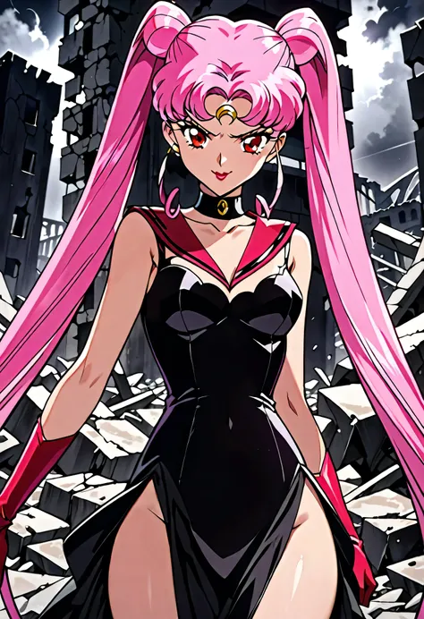 wicked lady from sailor moon, pink hair, red eyes, , black crescent moon mark on forehead, naughty face,beautiful body,shaded fa...