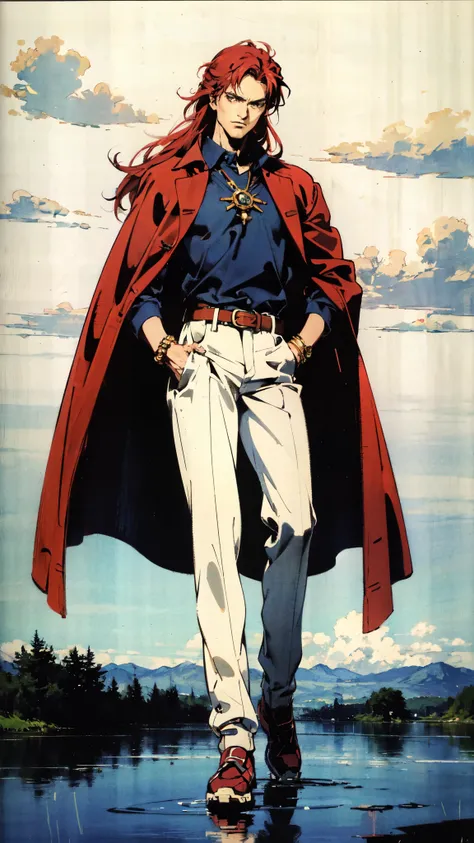 (masterpiece:1.2, best quality:1.2, extremely delicate:1.2), ((male:1.5)), a young man with long red hair, delicate face, gentle eyes, peaceful expression, fantasy-realism style outfit, a red and black short cape, a blue and white leather jacket, a belt, w...