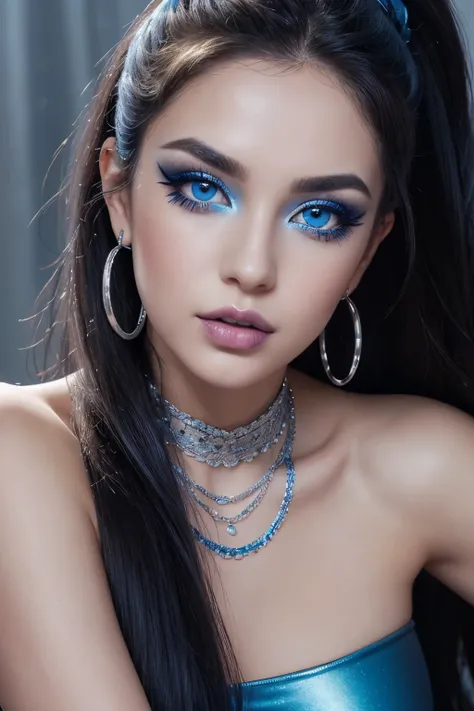 Amazing portrait of a sexy woman with a beautiful face covered with makeup with blue eye shadow and blue eyeliner emphasizing her seductive eyes and her long black hair in a long ponytail wearing a small blue necklace and silver hoop earrings and a short b...