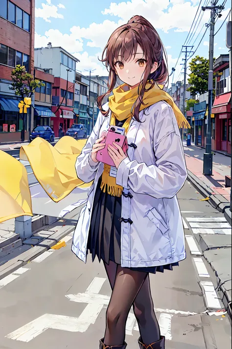 Irohaisshiki, Iroha Isshiki, Long Hair, Short braided hair, ponytail,Brown Hair, (Brown eyes:1.5), smile,yellow scarf,Pink long coat,white sweater,Long black skirt,Black pantyhose,Short boots,morning日,morning,Campus Life,On the way to school in winter,Cold...