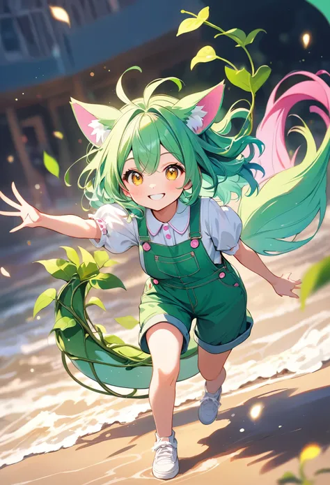 masterpiece, best quality, anime-style full body wide shot of a young girl with bright green hair styled into playful waves, her hair features leaf-like ears and a long, curled vine-like tail, she is dressed in a cute white blouse with puffed sleeves and g...