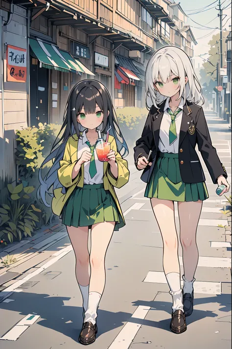 ((Best Quality、8k、masterpiece:1.3))、Japanese anime style、people々girl、1people、1peopleで、((Petite、Glamorous Body、curve))、cute、A look of glaring at something、((Beautiful long black hair,The tip of the hair is blue ))、Beautiful emerald green eyes、(((Black blaze...