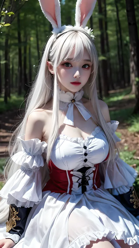 (solo:1.2),1girl,(white hair),(very long hair),bangs,(1 bunny tail:1.3),(red eye),beautiful shiny eye,skin color white,(white frilled dress:1.3),background(dark woods, dead trees, horror mood, Halloween night), quality(8k,wallpaper of extremely detailed CG...