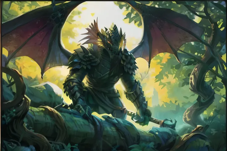 a powerful dragon-like druid, a dragonoid warrior, 1 person, highly detailed face with dragon-like features, piercing glowing eyes, sharp fangs, scales covering the body, wooden armor with leaves and twigs, tree bark texture, large dragon wings, holding a ...