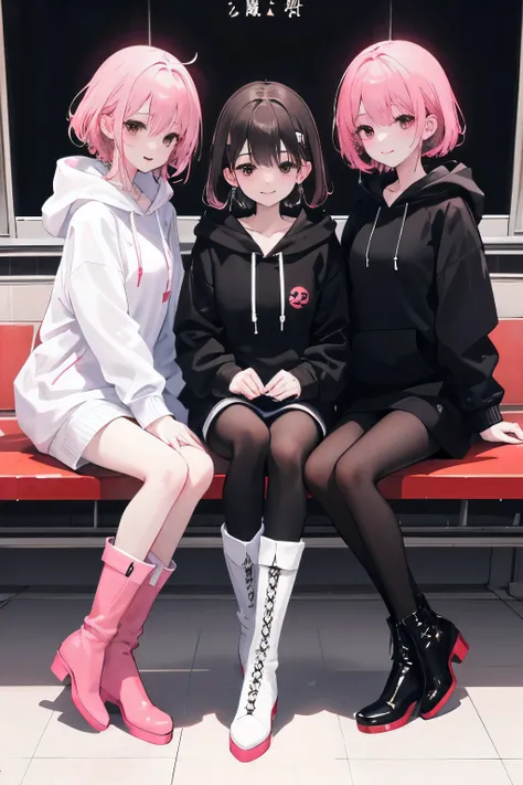 Womens Threesome、cute、With a smile、peace、station platform、
black and white hoodie、Red and black hoodie、white hoodie、white boots、black boots、
brown hair、black hair、pink hair、3✕3の目、black eye、