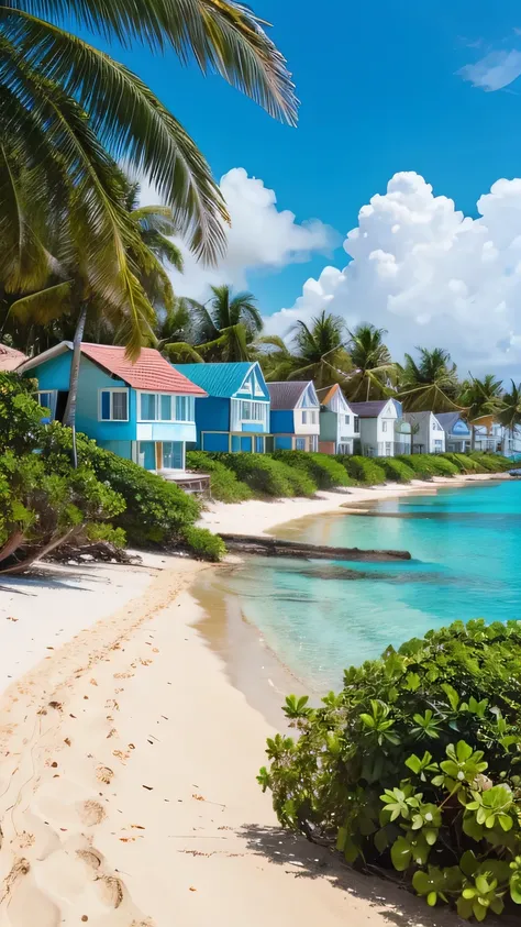 "A beautiful island in the middle of ocean having greenery and 200 houses and they are coloured like old 1980 theme house, and also having beache."