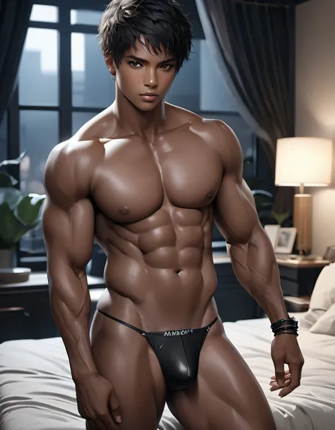 high quality, detailed, Realistic,(solo idol japanese african black boy:1.5), (detailed black eyes:1.2), (black short hair:1.1), (muscle:1.5), night bedroom, (black tiny thong), (bulge), (detailed nipples), detailed areola, best quality,4k,8k,highres,maste...