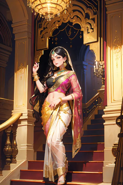 Sketch drawing,intricate details, vibrant colors, Raja Ravi Varma inspired, modern Bollywood, elegant dark-haired beauty in revealing half saree, evening party scene, exquisite Indian jewellery, ornate embroidered blouse, flowy sheer curtain-like dupatta, ...