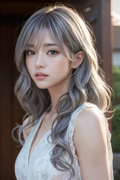 masterpiece, 8k, Award-winning photography, photoRealistic, Realistic, very detailed, Ultra-high resolution, Ray Trakun, ///1 person, The most beautiful, 20 years old , (sexy, Japanese Idols), (Gray Hair:1.2),///Human details Shiny skin , detailed skin , B...