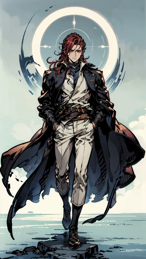 (masterpiece:1.2, best quality:1.2, extremely delicate:1.2), ((male:1.5)), a young man with long red hair, delicate face, gentle eyes, peaceful expression, fantasy-realism style outfit, a red and black short cape, a blue and white leather jacket, a belt, w...