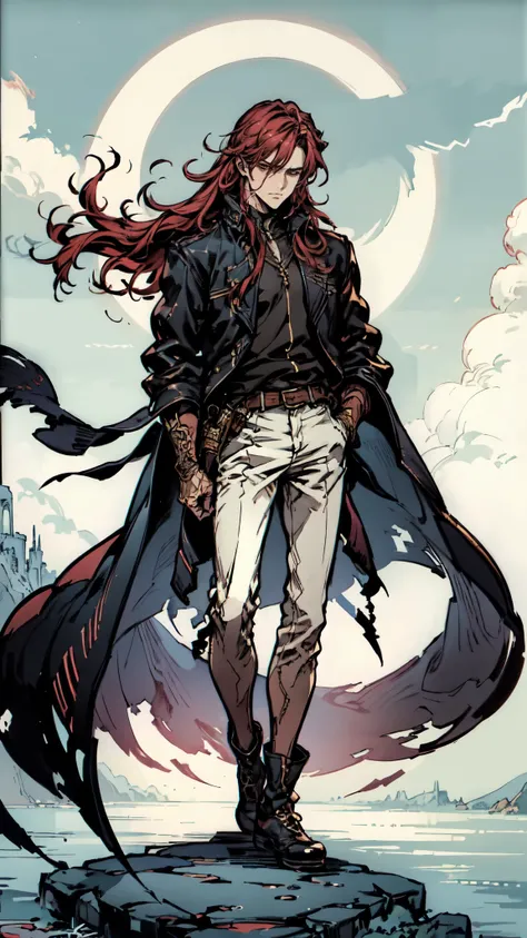 (masterpiece:1.2, best quality:1.2, extremely delicate:1.2), ((male:1.5)), a young man with long red hair, delicate face, gentle eyes, peaceful expression, fantasy-realism style outfit, a red and black short cape, a blue and white leather jacket, a belt, w...