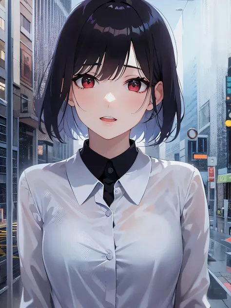 Upper Body,
(pale skin:1.2), shiny skin, shiny hair、(A 40-year-old woman:1.5) and (bob cut) and (hair between eyes) and (black hair) and (red eyes), 
(white collared shirt) ,
surprised,wide-eyes,
open mouth,（see-through wet shirt, wet hair：1.5）,
Residentia...