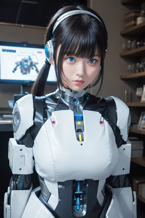 masterpiece, best quality, extremely detailed,  Japaese Cyborg girl,Plump , control panels,android,Droid,Mechanical Hand, Robot arms and legs, Black Robot Parts,Black hair,Mechanical body,Blunt bangs,White robotics parts,perfect robot girl,long tube,thick ...