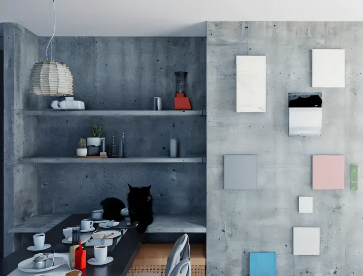 there is a table with a black cat sitting on it, concrete hitech interior, rough concrete walls, concrete _ wall ) ], concrete walls, in style of 3d render, product render, render vray, concept eclectic, photographic render, brutal concrete interiors, rend...