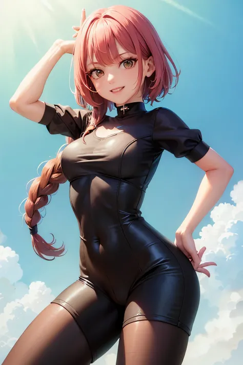 (masterpiece, best quality:1.2),  fighter, fighting game character, short red hair, victory pose, Alone, 1girl, smile, looking at the viewer, OVERALLS, unzipped, short shorts, elbow pads, (fingerless gloves:1.1), clothes around the waist, belly button, nec...