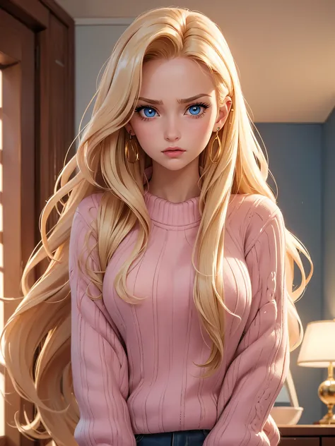 The camera captures a fair-skinned young woman, long golden blonde hair and piercing blue eyes,  her upturned nose gives her a unique and attractive appearance. Her full lips are adorned with a touch of lipstick, Shes wearing a light pink sweater, she is a...