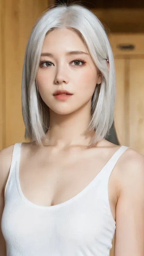 (lebensecht, high resolution:1.3), 1 girl with a perfect body, Super beautiful face and eyes,langes Haar, white hair, Tank top in random colors:1.2, kurze Jeans, close up, looking directly in the camera, front view