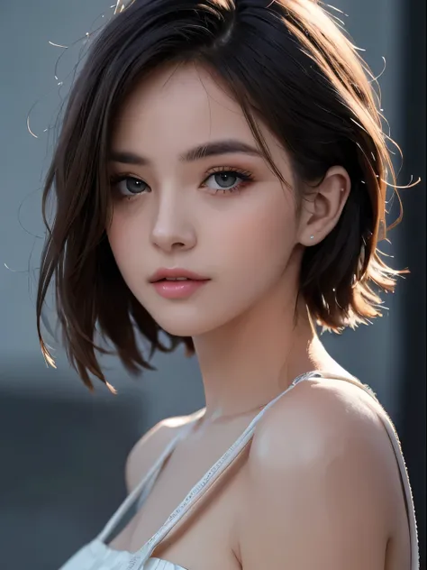 Best quality, masterpiece, ultra high res, (photorealistic:1.5), raw photo, 1girl, offshoulder, in the dark, deep shadow, low key, cold light, sexy look, short hair