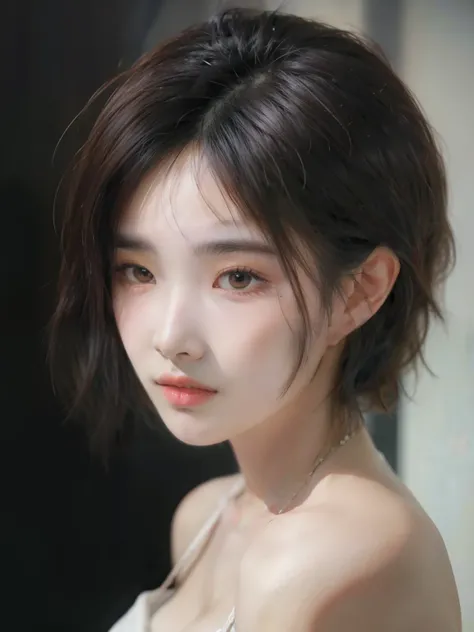 Best quality, masterpiece, ultra high res, (photorealistic:1.5), raw photo, 1girl, offshoulder, in the dark, deep shadow, low key, cold light, sexy look, short hair