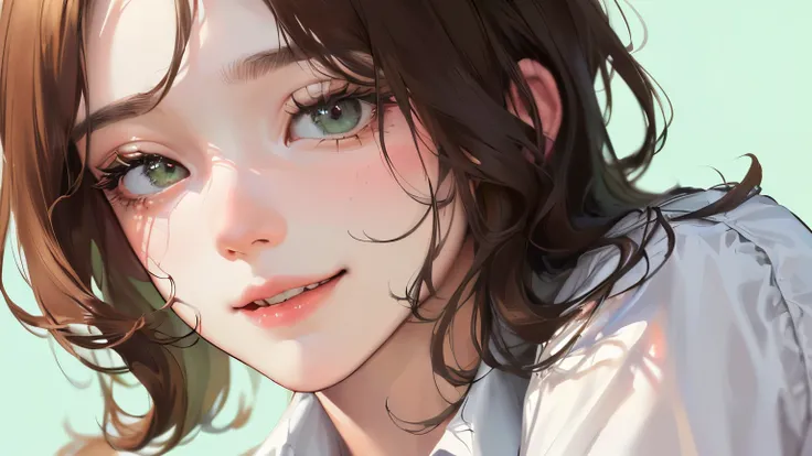 ((One Girl))),(((A painful expression)))、(((Pale Green Background))),((((Expressionless))),(((Perm short brown hair))),(((Left eye close-up))、((Eyes are pointing upwards)),Front view、,Masterpiece,best quality,,((White shirt))、((Smile))、determined expressio...