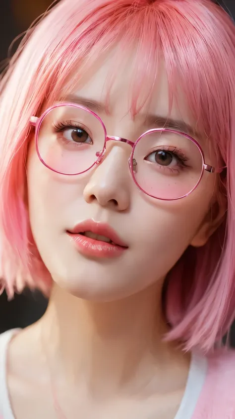 Close-up of a woman with pink hair wearing glasses, artwork in Gouwez style, Gouwez, Kawaii realistic portrait, Inspired by Cheng Yanjun, glowing pink face, pink girl, Beautiful anime portrait, pink glasses, glowing pink eyes, Realistic anime 3D style, Yan...
