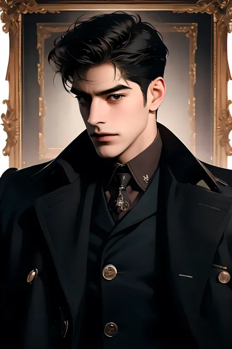 Victoria Era ,  A virtual country similar to the United Kingdom, young man, man,  Private Detective ,  Former Police Officer , Black hair, short hair, Pipe tobacco, Suit, Heavy Duty ,  No beard ,  Clean and tidy appearance , full body