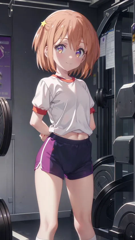 mira konohata, short hair, orange hair, (purple eyes:1.5), smile,smile,(short sleeve gym wear:1.5), gymnastics, (gymnastics服を着た女...