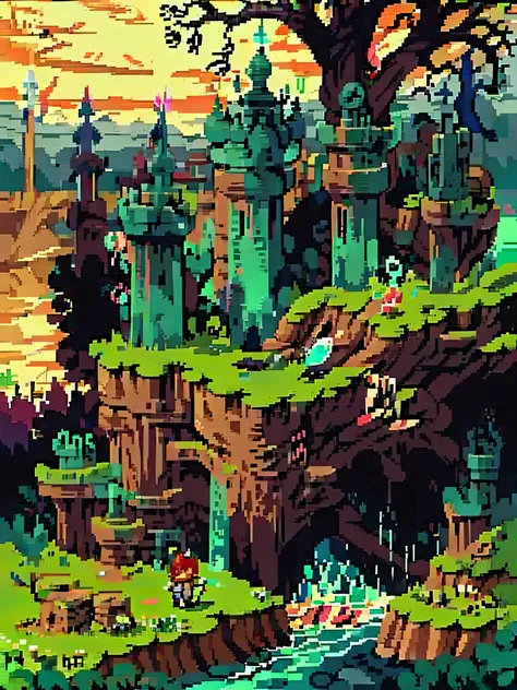 a beautiful scenery final fantasy style, anime style, angled, secret of mana style, much green and color, amazing landscape with misterious ruins and strange flying objects, dusk