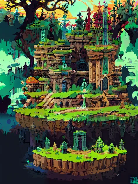 a beautiful scenery final fantasy style, anime style, angled, secret of mana style, much green and color, amazing landscape with misterious ruins and strange flying objects, dusk