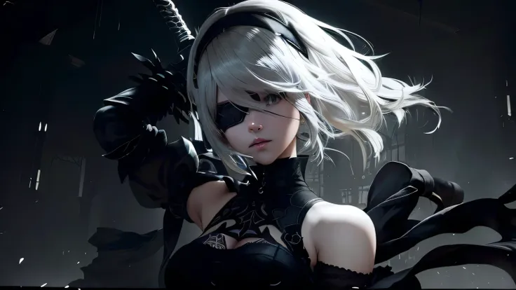 a close up of a person with a sword in a dark room, 2b nier automata, nier 2 b, nier : automata inspired, nier:automata inspired, nier automata, 2 b from nier automata, 2b from nier automata, nier autoamata, nier inspired, nier, nier:automata