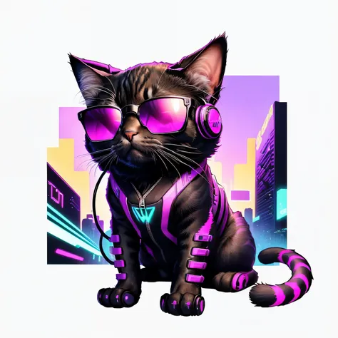 a close up of a cat wearing sunglasses and headphones, cyberpunk cat, cybercat, cat design, liquid cat, furry digital art, tech art, ( ( ( synthwave ) ) ), illustration of a cat, cat from the void, looking heckin cool and stylish, (synthwave), catss, techn...