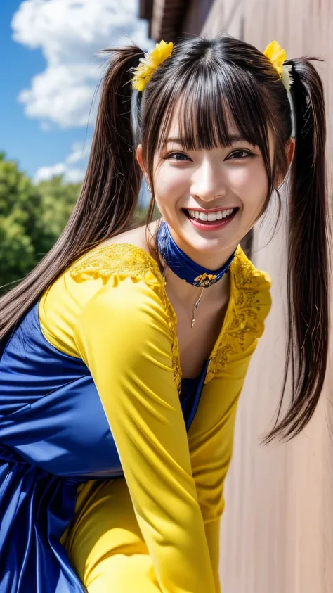 (realistic, photo-realistic:1.2), (masterpiece, best quality), high resolution, intricate details, extremely detailed, sharp focus, professional lighting, full body, solo, 1girl, a Japanese female idol, (yellow clothes, idol costume), (face focus, standing...