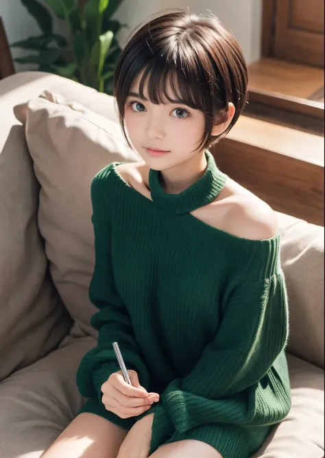 Cute 1 girl、、Large dark green eyes、Short Pixie Cut Hair、Watching Me、Sitting on the living room sofa 、 thin violet tight off-the-shoulder sweater、Full body portrait photography、Soft lighting、Well-balanced body、Sharp focus、High image quality、High resolution、...