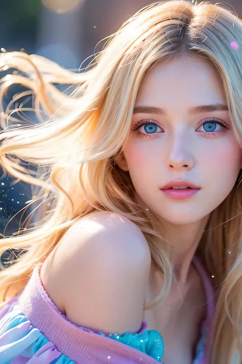 ((Best Quality)), ((masterpiece)), (detailed), "An ethereal close-up portrait of a young person with flowing light blonde hair, vivid multicolored eyes that sparkle with stardust, and radiant pastel light reflections. The scene is filled with soft glowing ...