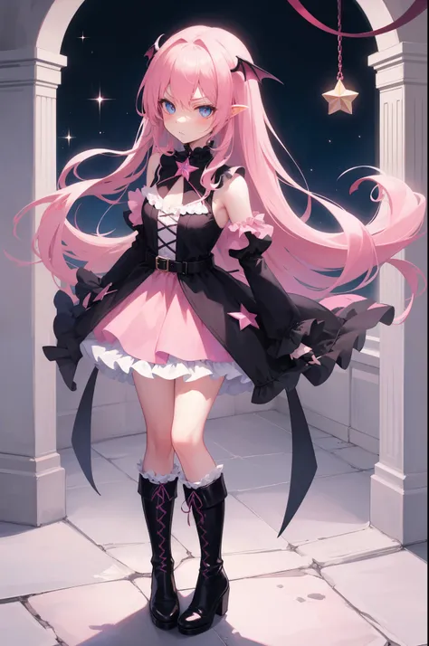 masterpiece, best quality, 1girl, cute magical girl, pastel black and pink gothic magical girl costume, star brooch, brooch, full body, pastel long three-layed frilly dress, star, standing, succubus, succubus wings, succubus tail, pastel black and pink soc...