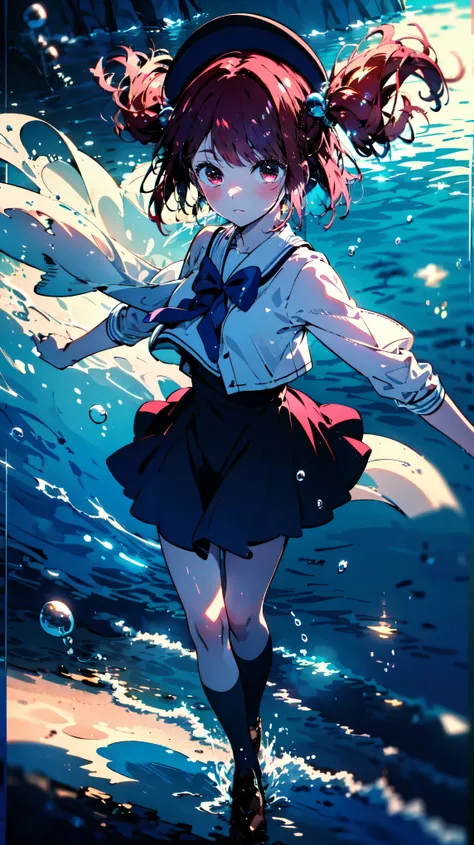 (masterpiece, 8k, highest quality), (full body), wearing sailor uniform, twin tails, beautifully detailed eyes, floating in water, glowing bubbles, blue underwater background, red hair color, looking at camera, long hair, illuminated by lighting from the s...