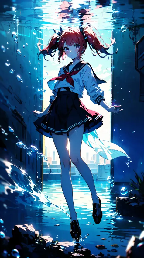 (masterpiece, 8k, highest quality), (full body), wearing sailor uniform, twin tails, beautifully detailed shining eyes, pose floating underwater, shining air bubbles, background is simple and blue mysterious underwater, red hair color, looking at camera, l...