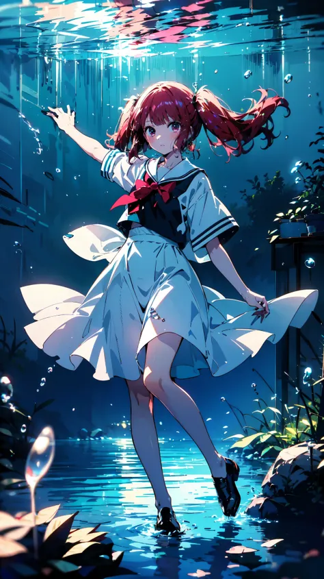 (masterpiece, 8k, highest quality), (full body), wearing sailor uniform, twin tails, beautifully detailed shining eyes, pose floating underwater, sparkling air bubbles, background is simple and blue mystical water, red hair color, looking at camera, long h...