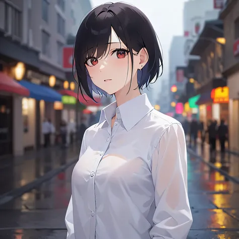 (looking at viewer:1.5),Upper Body,（see-through wet shirt, wet hair：1.5）,
(pale skin:1.2), shiny skin, shiny hair、(A 40-year-old woman:1.5) and (bob cut) and (hair between eyes) and (black hair) and (red eyes), 
(white collared shirt) ,
(surprised:1.5),

R...